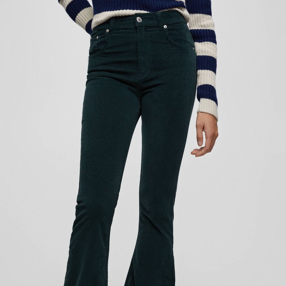 Pull & Bear Flared Corduroy Pants in Forest Green